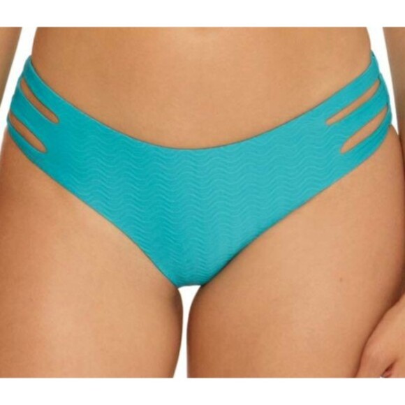 Becca Vibes Blue Textured Peek-A-Boo-Sides Hipster Bikini Swim Bottoms Size M - Picture 2 of 7